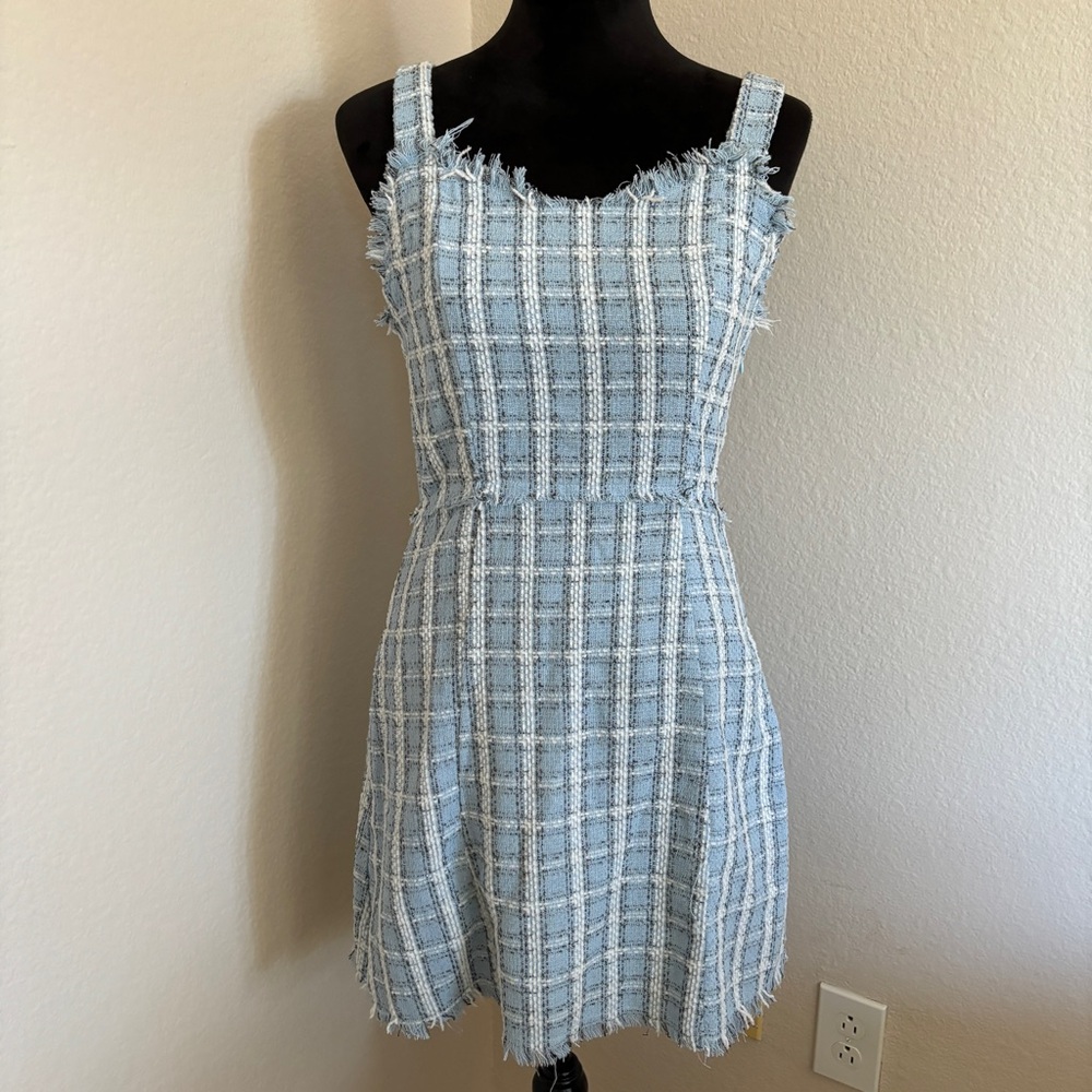 Umgee Blue Tweed Mini Dress NWT Medium Plaid Fringe Sleeveless Boutique